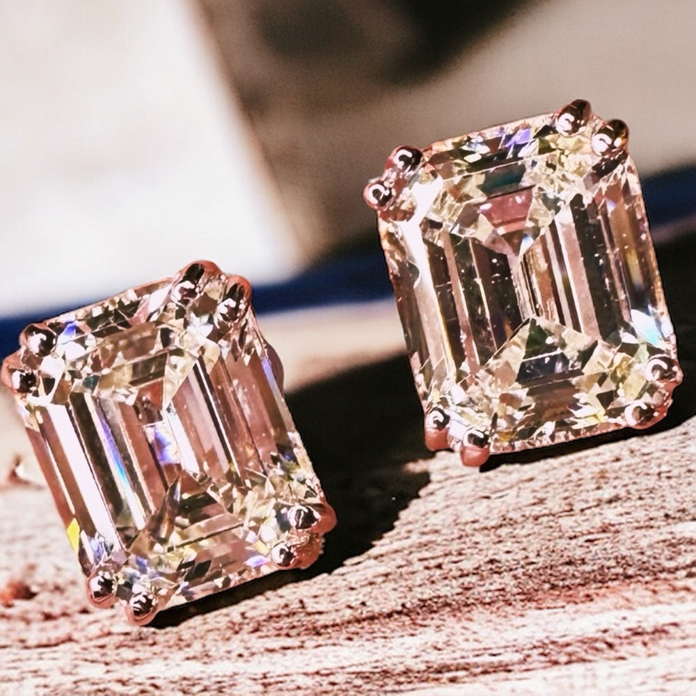 NEW Solid 925 Sterling Silver Prong Set Emerald Cut High Carbon Sparkling Studs - Picture 14 of 16